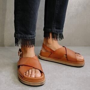 ALOHAS Marshmallow Tan Leather Criss Cross Platform Sandals EU 38